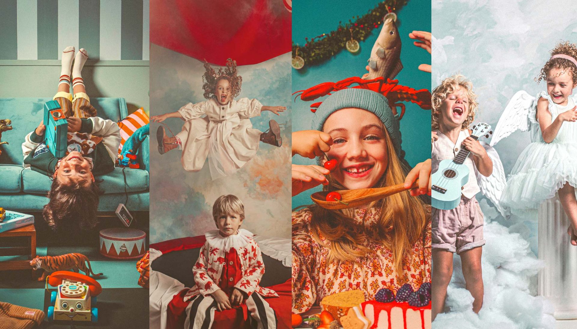 Cuatro universos de la campaña DRAMÁTICA — niños posando con utilería navideña